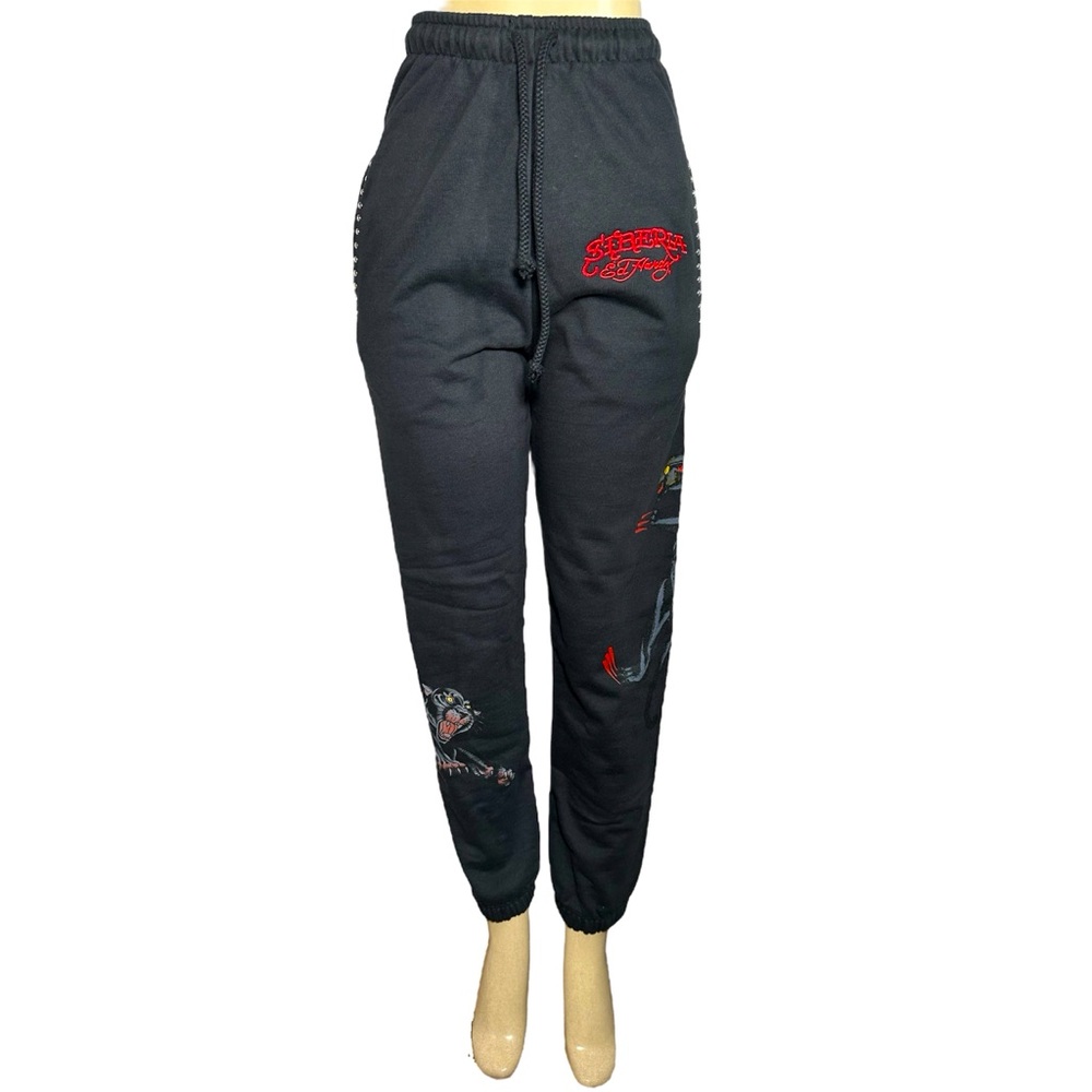 NWT Ed Hardy x Siberia Hills Unisex Black Panther Studded Pocket Joggers size S